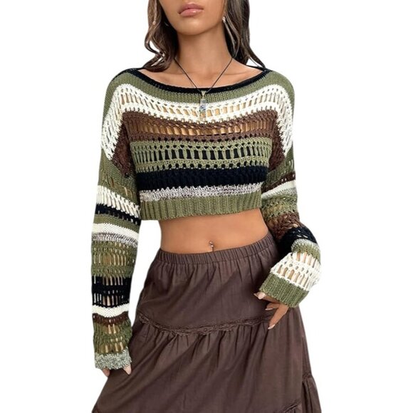 SHEIN Tops - Cropped Crochet Striped Long Sleeve Sweater Small Multi-Color Acrylic Knit Boho